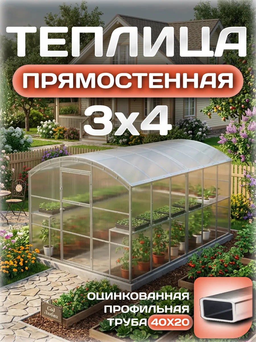 Теплица прямостенная 3х4 м, каркас 40х20, шаг дуг 0.65 м усиленная с поликарбонатом 4 мм 0,80 кг/м²